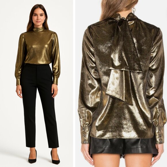 NEW Frame Metallic Gold Neck Tie Blouse - Picture 1 of 10